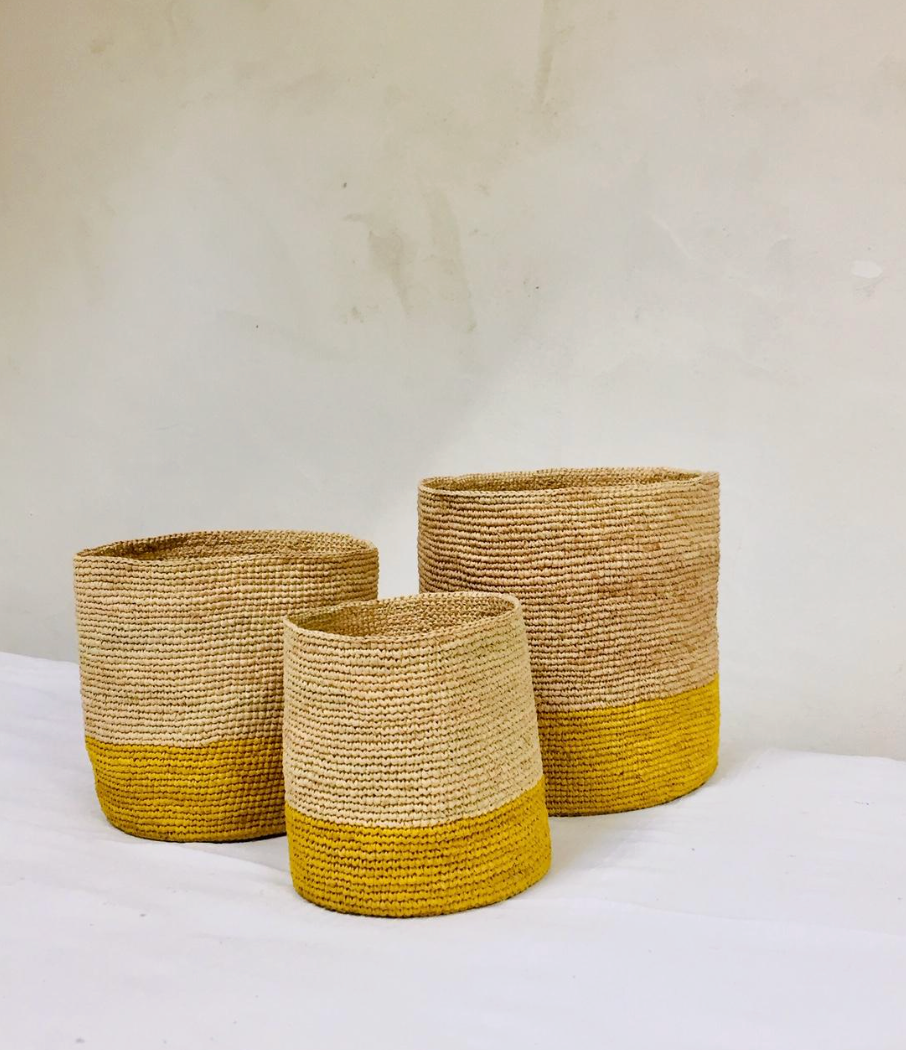 petits paniers de rangement en raphia faits-main - TRIO TANA jaune