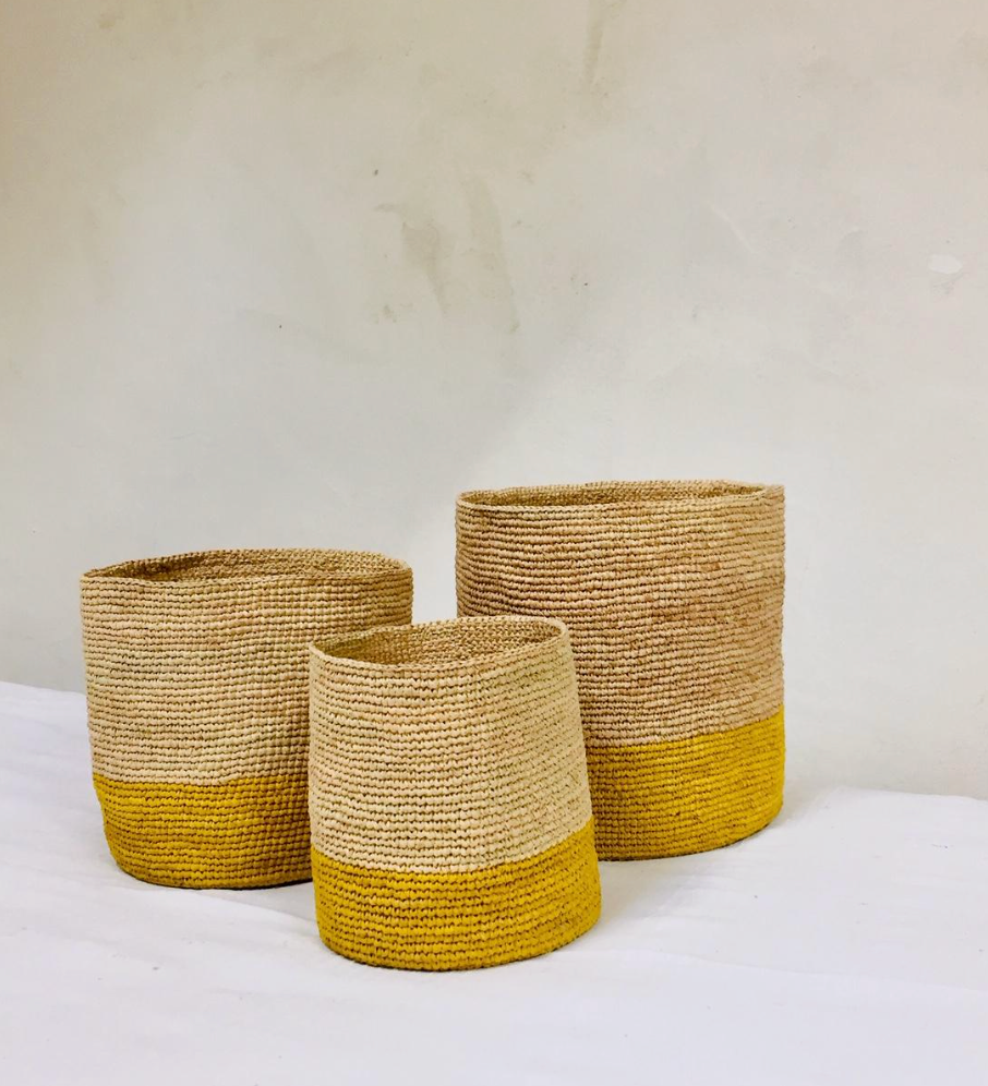 petits paniers de rangement en raphia faits-main - TRIO TANA jaune