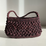 Petit sac en raphia crochet à boules coloris chocolat vue de face