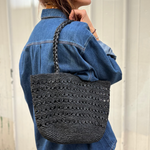 zoom sur le petit sac cabas noir en raphia ajouré