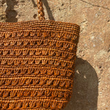 Détails du sac cabas en raphia fait main - PALMA cannelle