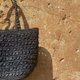 Détails du cabas en raphia noir fait main - PALMA 