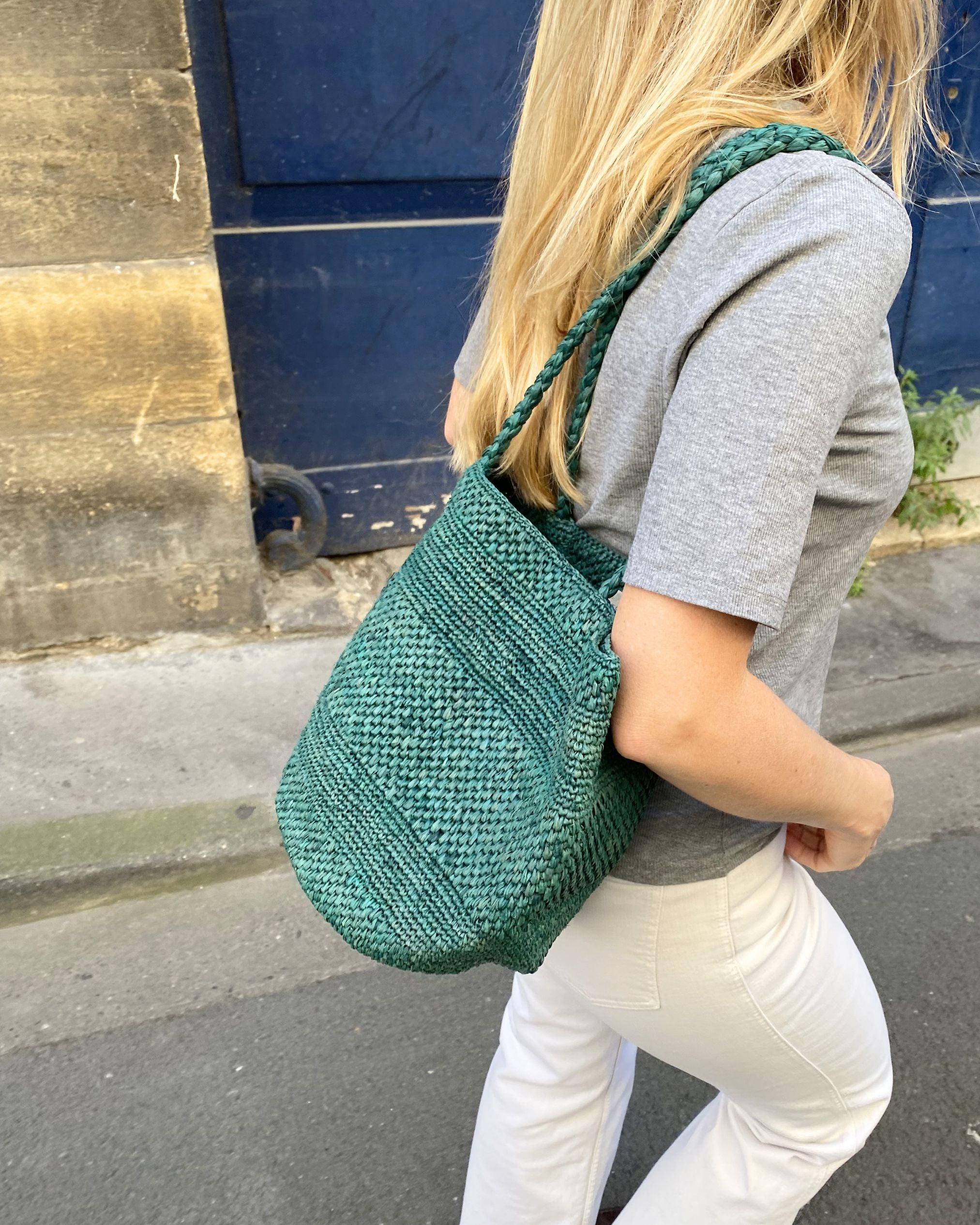 sac seau en raphia vert fait main, BIG SINY 