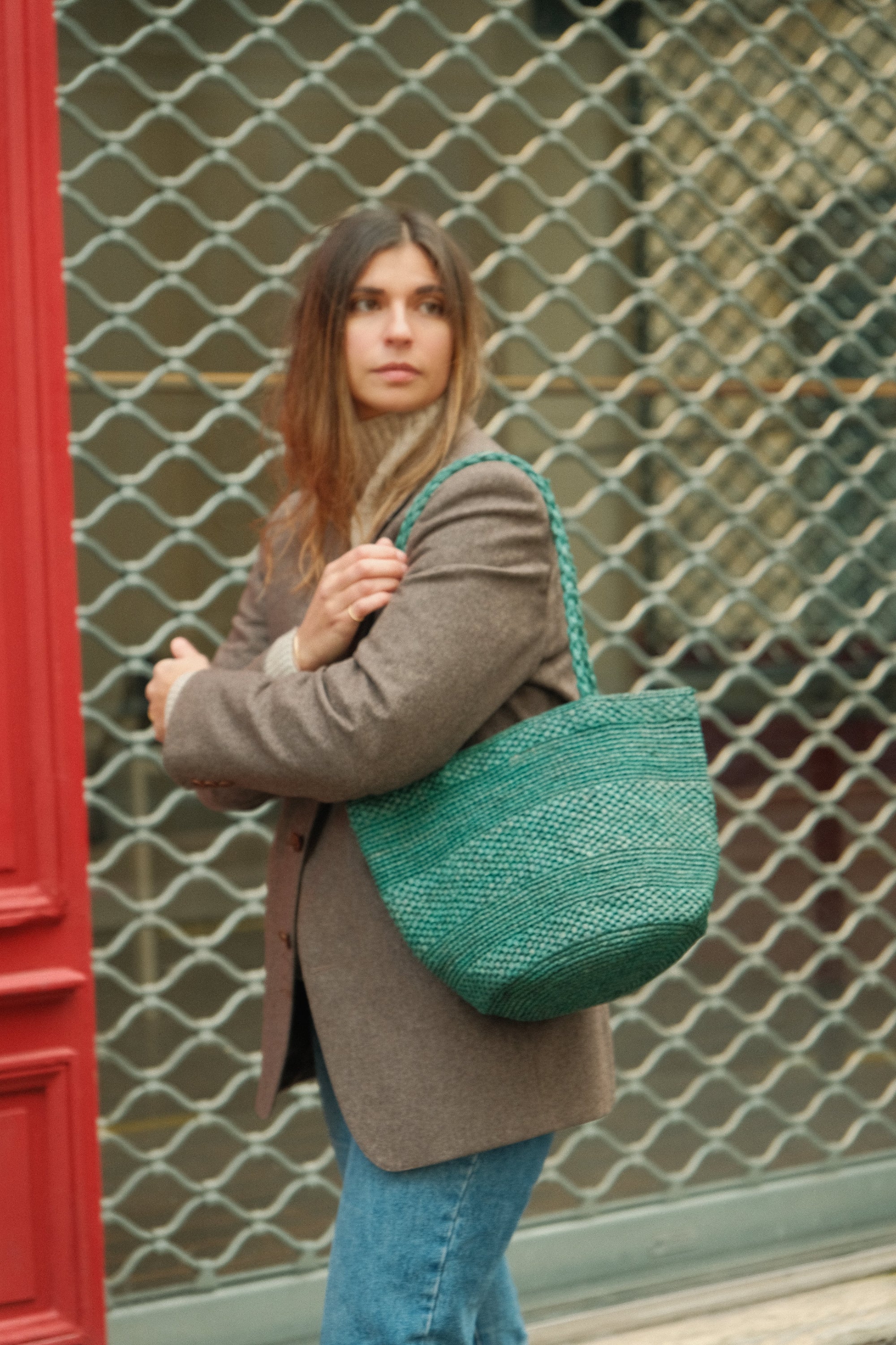 Sac seau en raphia fait main porte épaule– BIG SINY vert