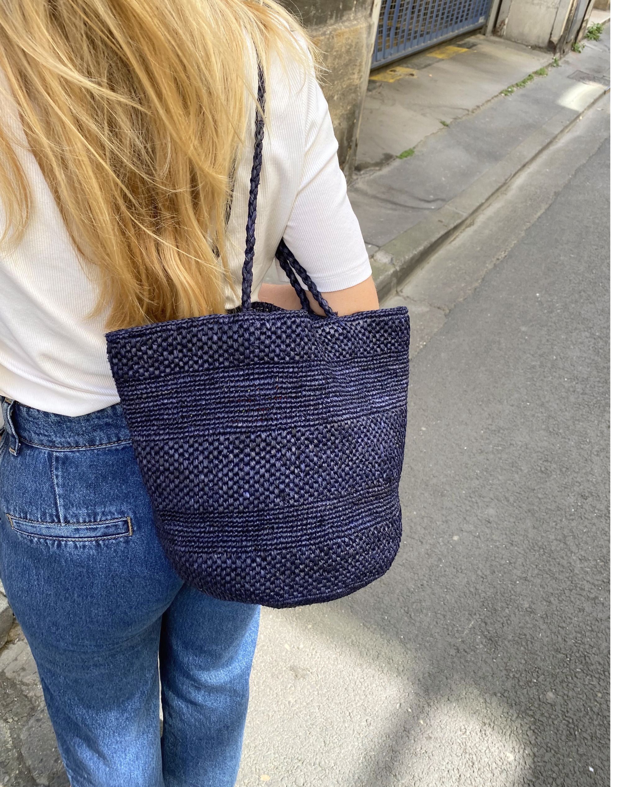 panier bleu marine en crochet de raphia fait main, BIG SINY