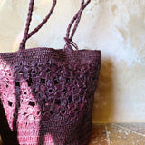 Détails du crochet fleurs du sac seau en raphia fait main – FLORES bordeaux