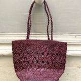 Sac seau en crochet de raphia fleurs fait main- FLORES bordeaux
