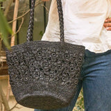 Sac seau en raphia fait main porté main– FLORES noir