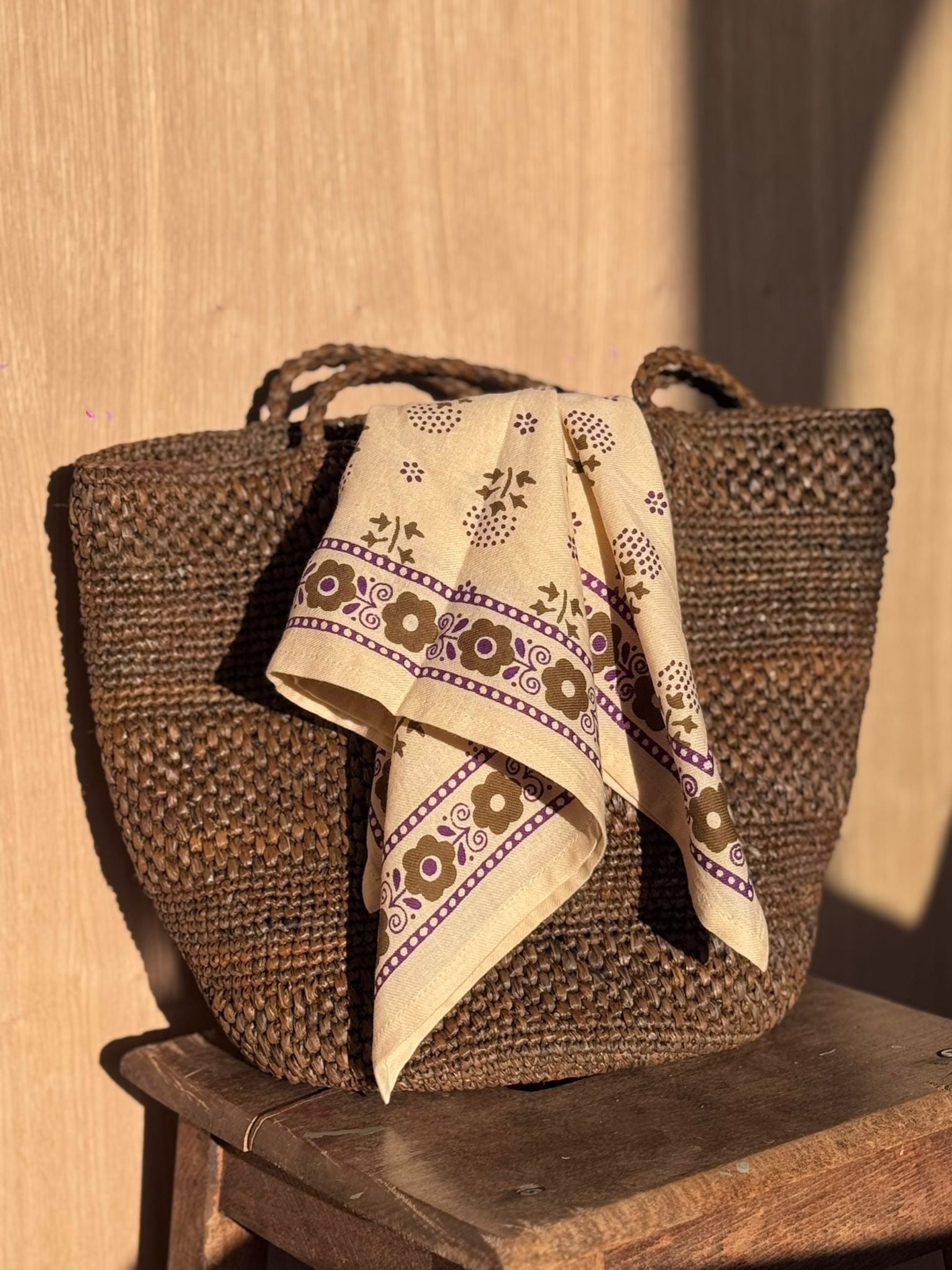 Sac seau marron en crochet de raphia fait main, BIG SINY tabac 