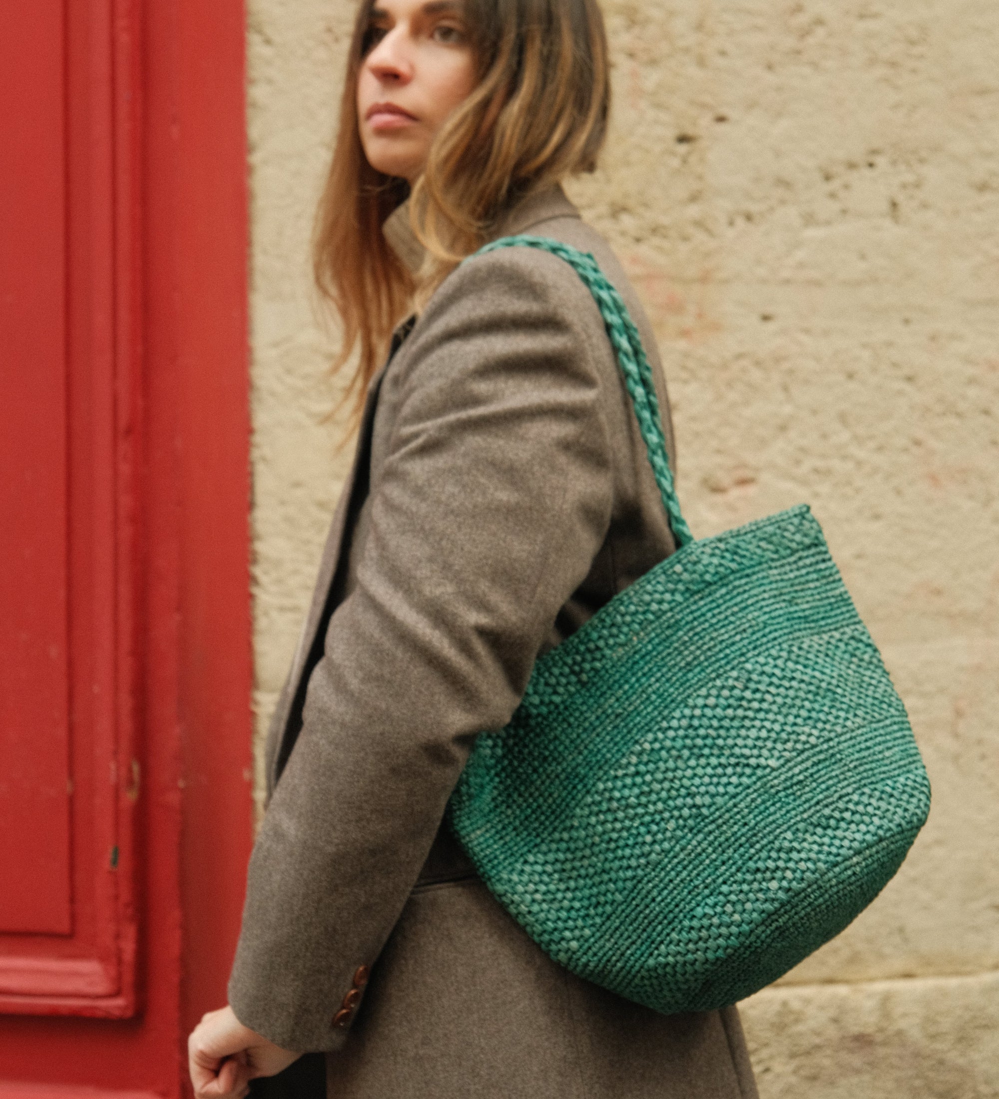 Sac seau en raphia vert fait main porteé épaule– BIG SINY