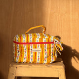 vanity en coton matelassé imprimé block print rayures et petit motif floral jaune 